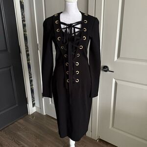 NWT Givenchy Black Stretch Lace Up Midi Dress Size FR 42 US L